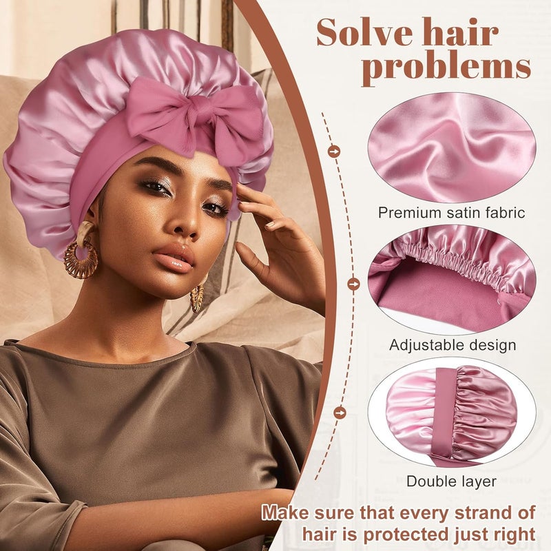 CHLINS Satin Bonnet for Sleeping Cap Double Layer Hair Bonnet with Elastic Tie Band for Curly Hair Night Cap (Bean Paste + Pink) - Image 4